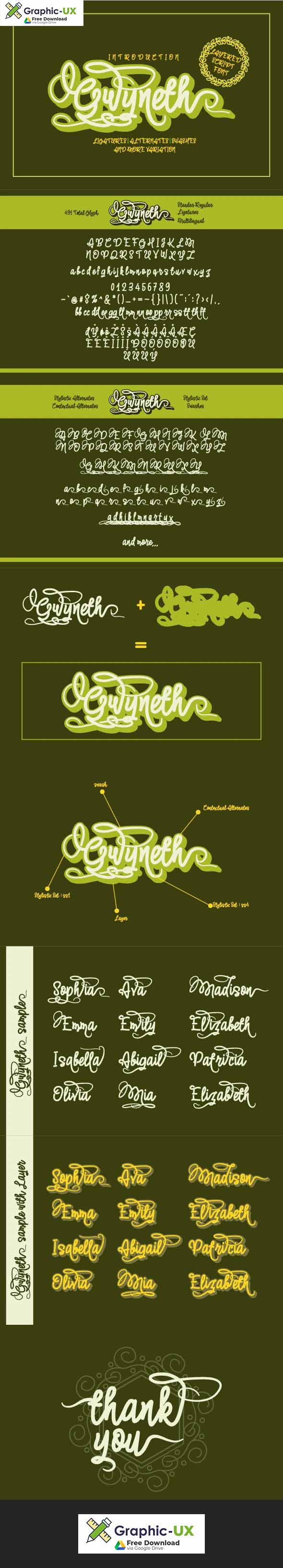 Gwyneth  modern script layered font 