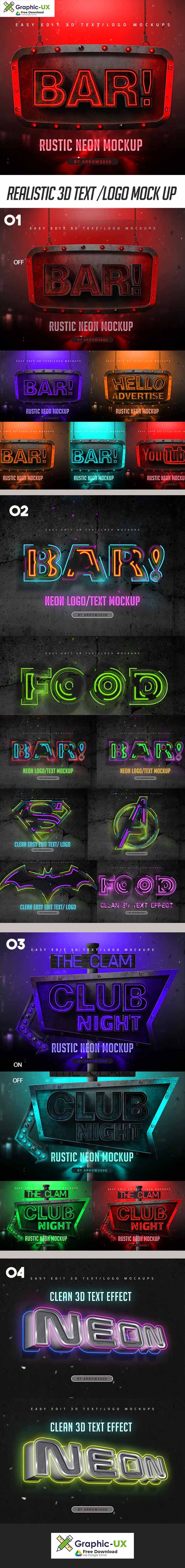 Download 3D Text Logo Mockup- Neon Pack - GraphicUX